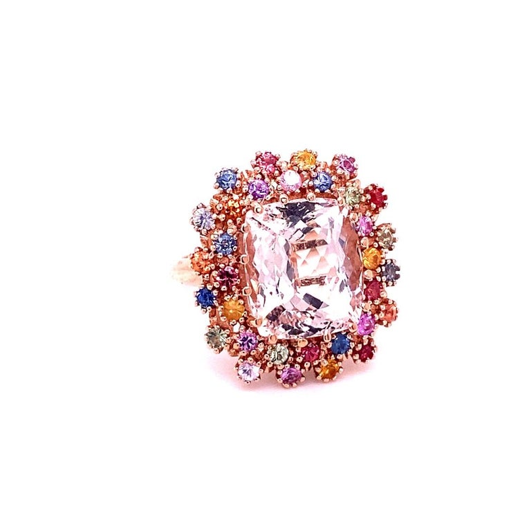 10.91 Carat Morganite, Multicolor Sapphire 14 Karat Rose Gold Cocktail Ring