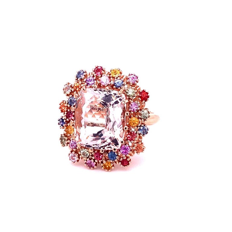 10.91 Carat Morganite, Multicolor Sapphire 14 Karat Rose Gold Cocktail Ring