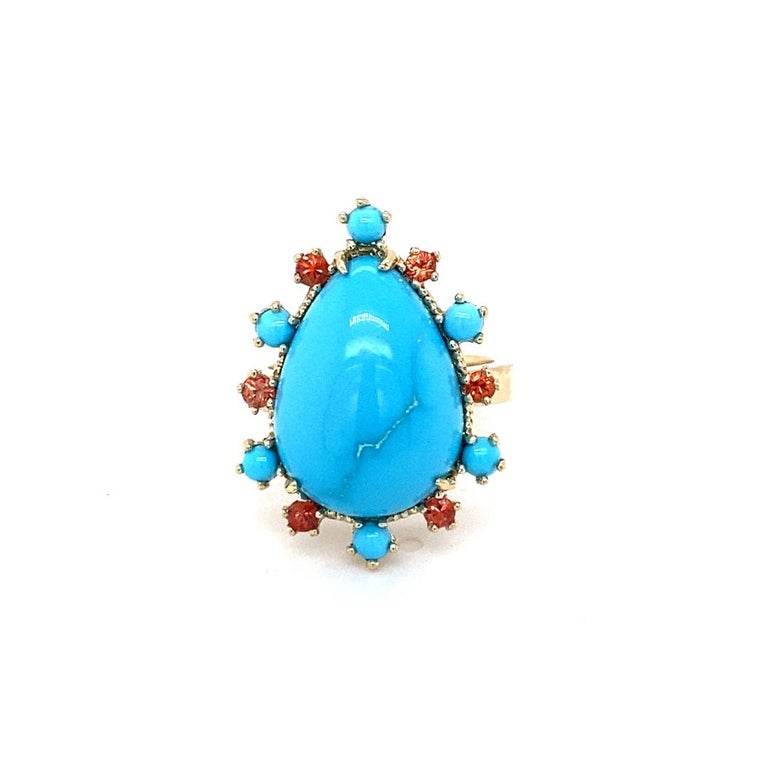 10.57 Ct Turquoise, Sapphire 14Karat Yellow Gold Cocktail Ring
