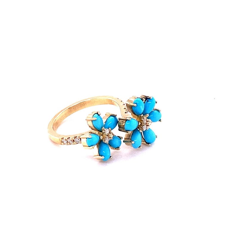 2.00 Ct Turquoise, Diamond 14K Yellow Gold Cocktail Ring