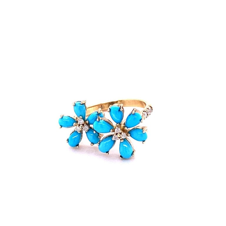 2.00 Ct Turquoise, Diamond 14K Yellow Gold Cocktail Ring