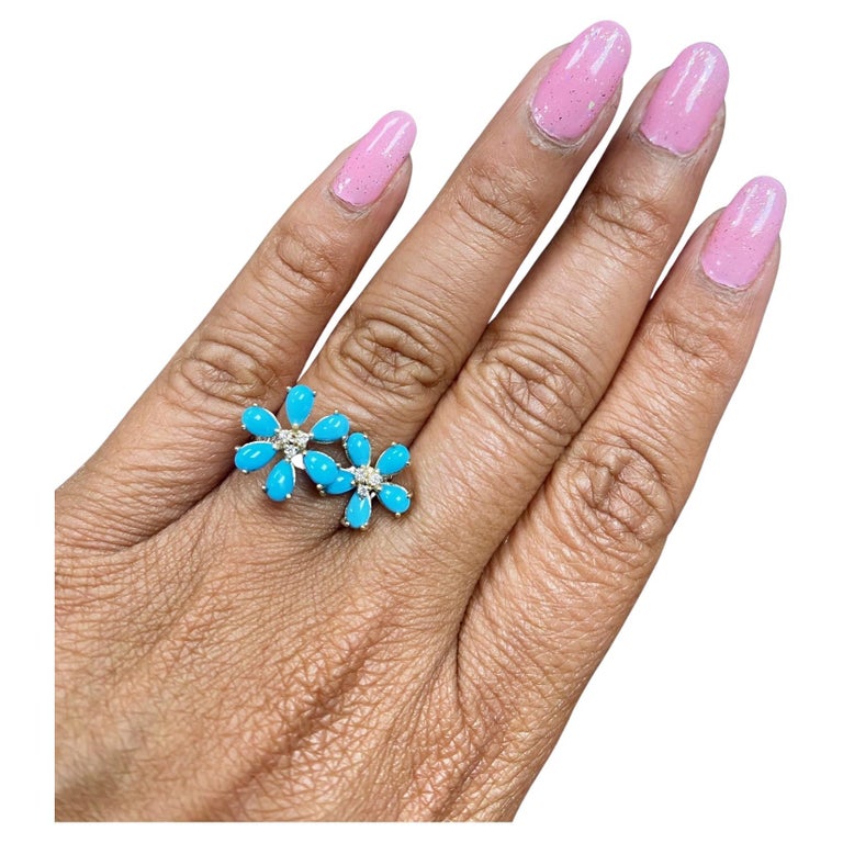 2.00 Ct Turquoise, Diamond 14K Yellow Gold Cocktail Ring