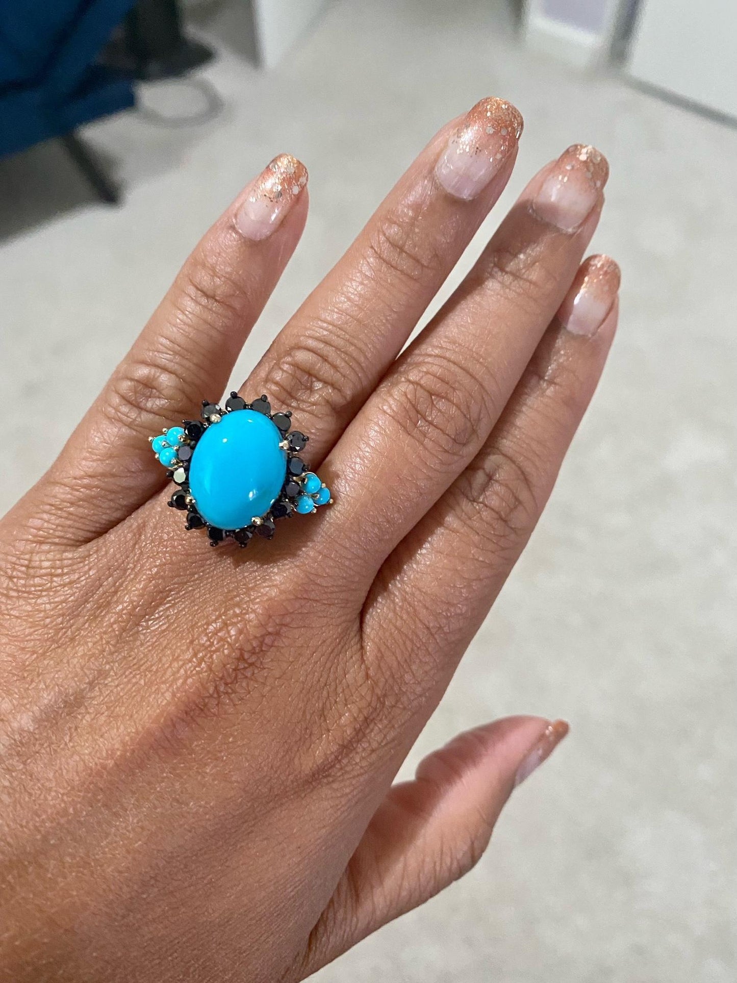 9.03 Carat Turquoise Black Diamond Yellow Gold Cocktail Ring
