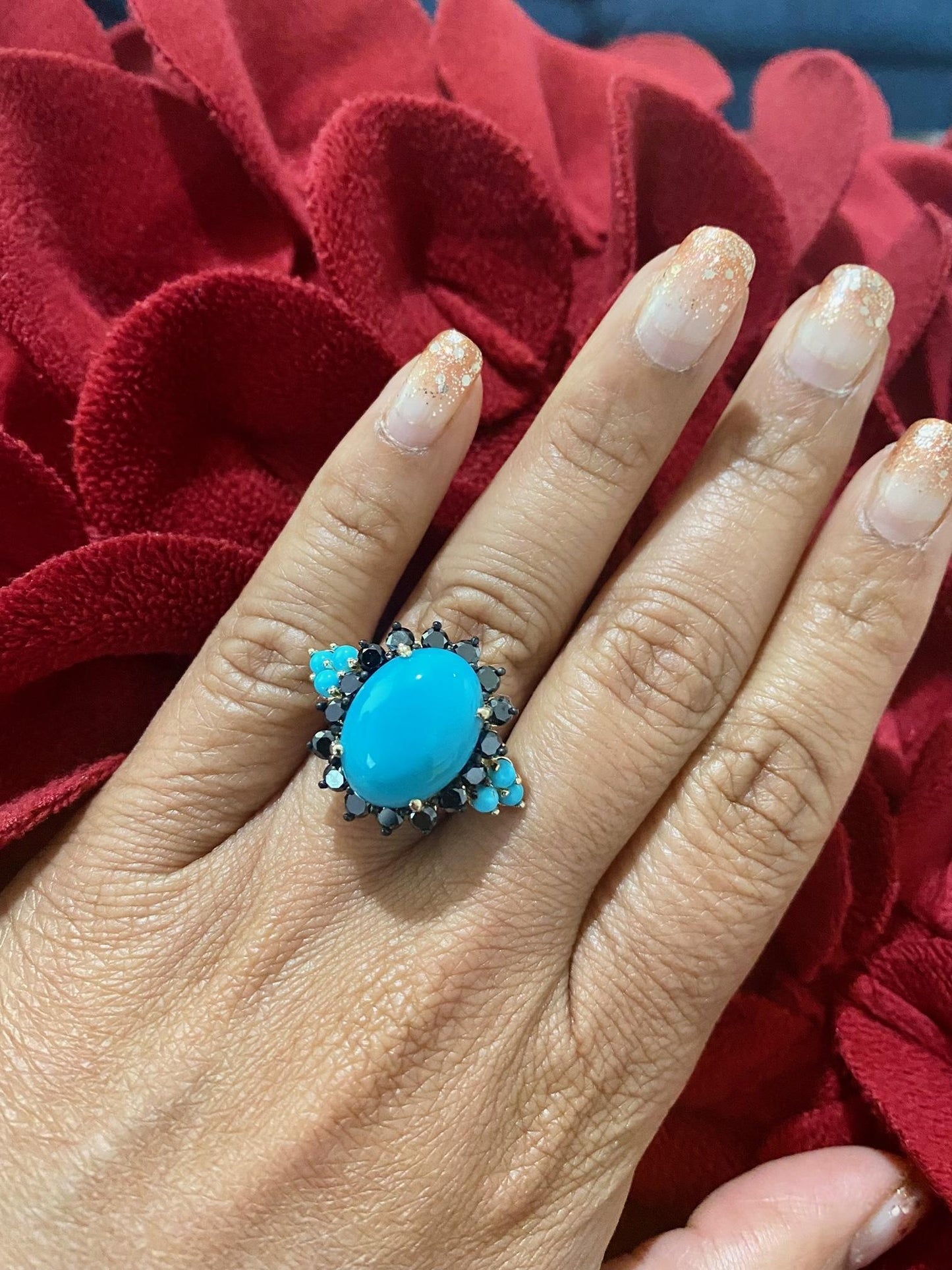 9.03 Carat Turquoise Black Diamond Yellow Gold Cocktail Ring