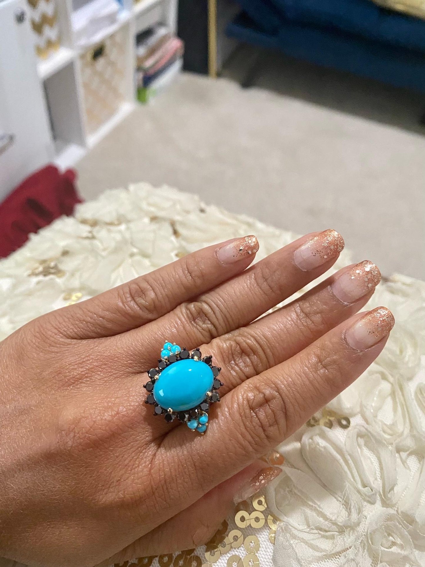 9.03 Carat Turquoise Black Diamond Yellow Gold Cocktail Ring
