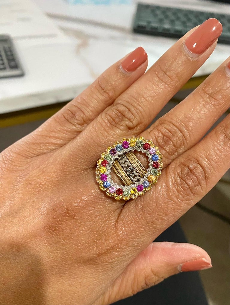 3.32 Carat MultiSapphire Diamond Yellow Gold Cocktail Ring