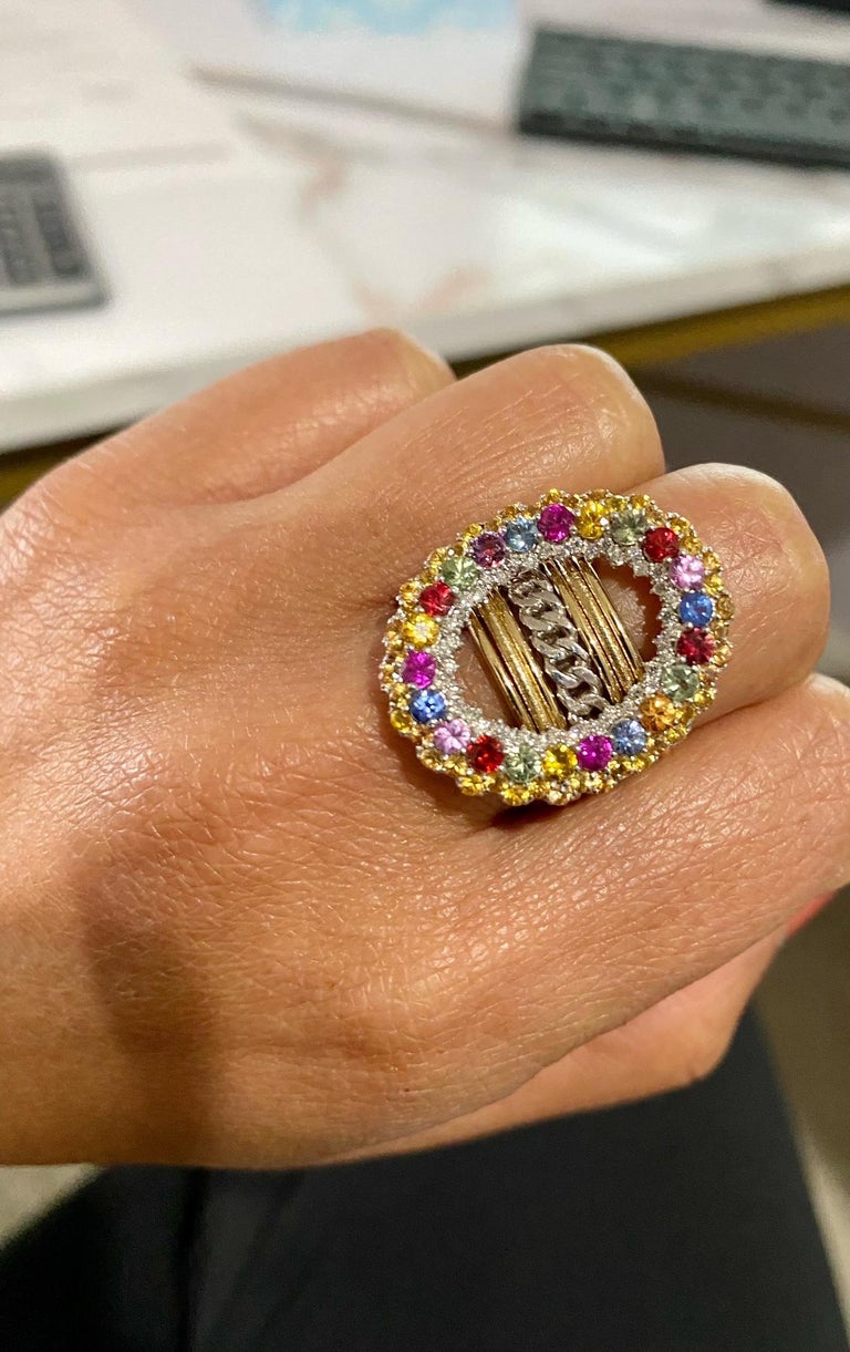 3.32 Carat MultiSapphire Diamond Yellow Gold Cocktail Ring