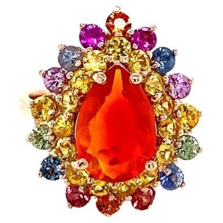 3.96 Carat Fire Opal Sapphire Rose Gold Cocktail Ring