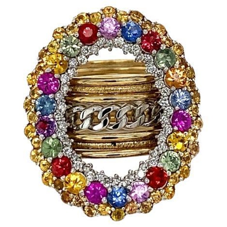 3.32 Carat MultiSapphire Diamond Yellow Gold Cocktail Ring