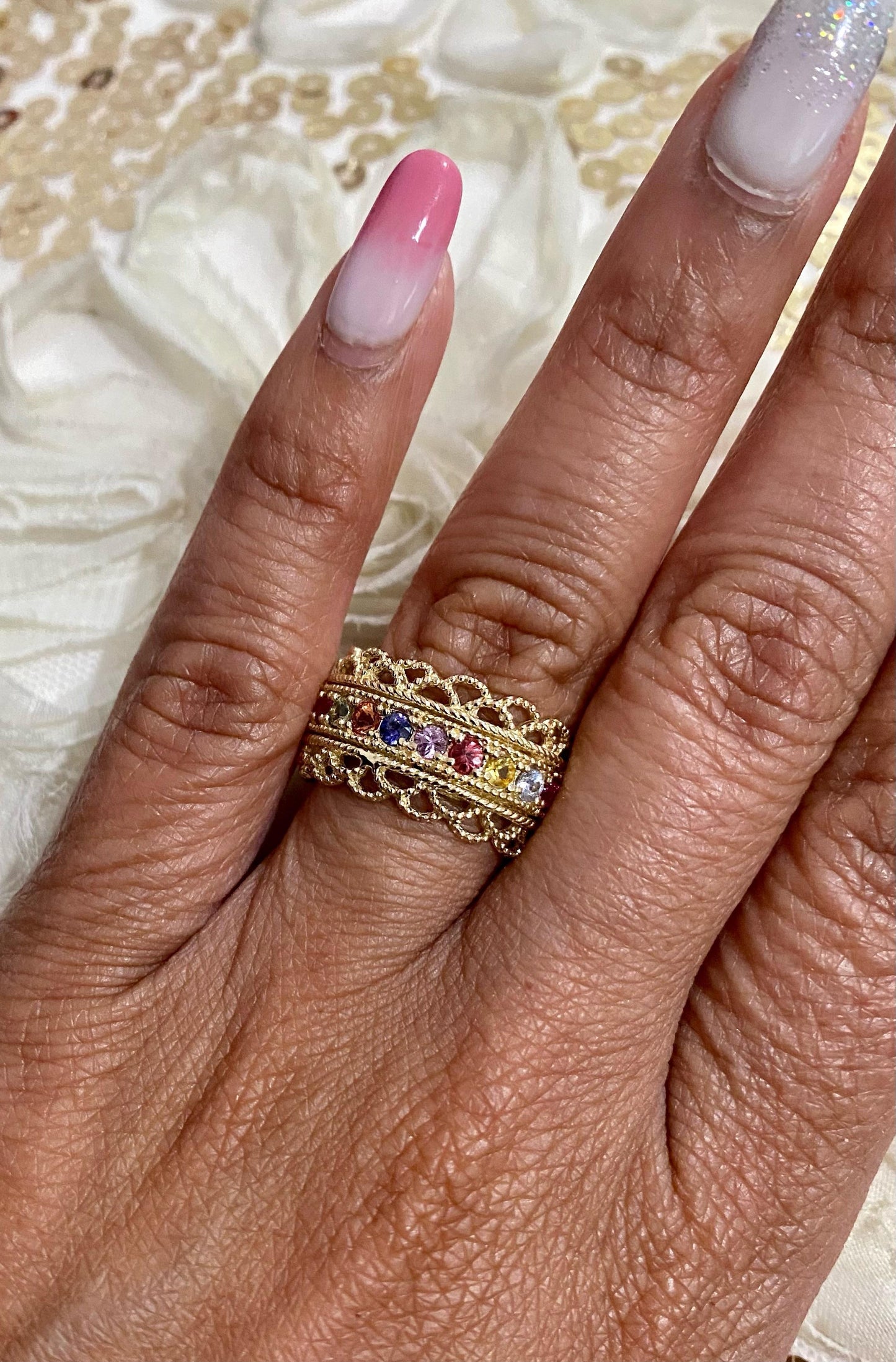 1.00 Carat Multi Color Sapphire Yellow Gold Cocktail Band