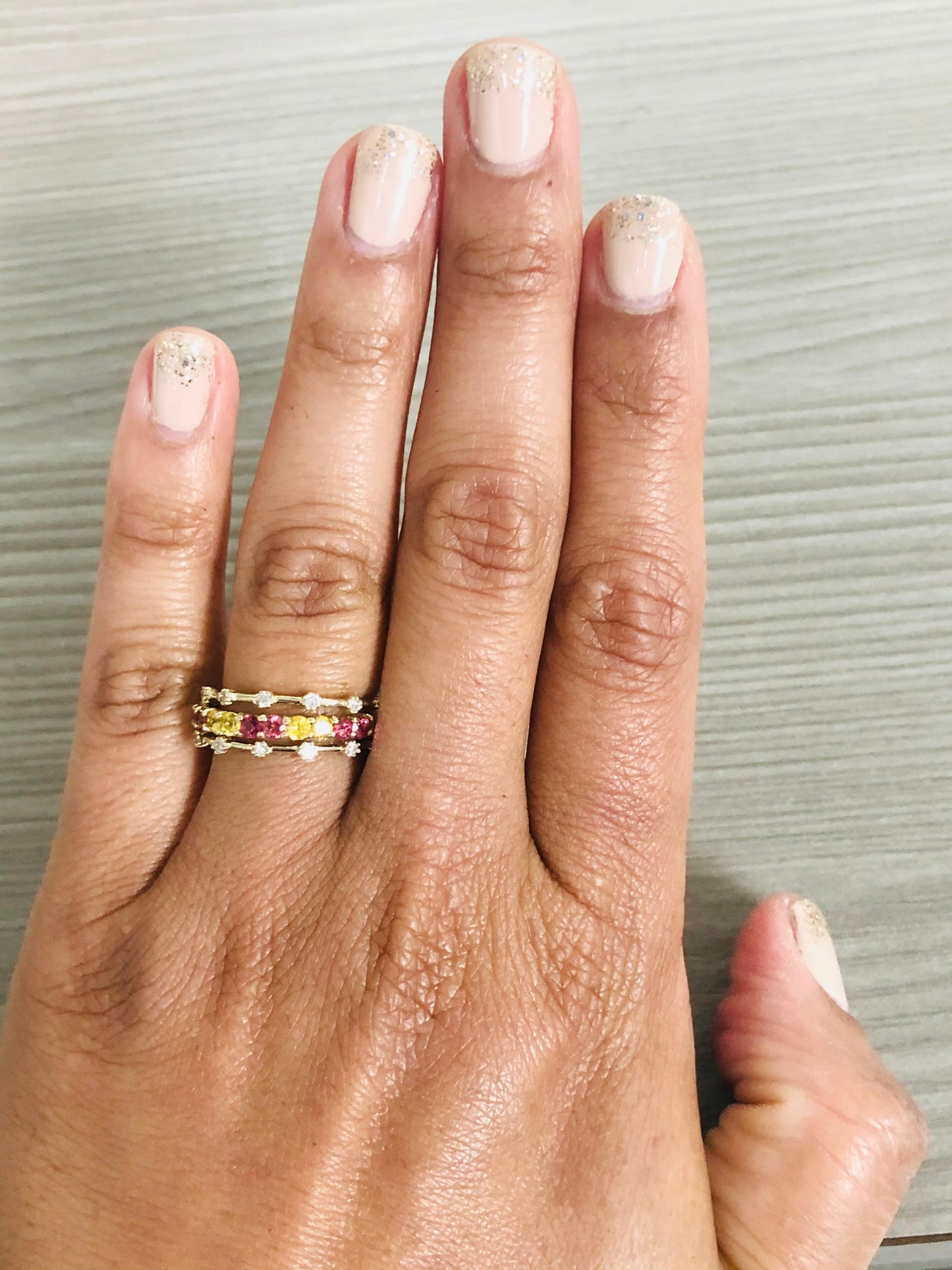 1.14 Carat Red and Yellow Sapphire Diamond 14 Karat Yellow Gold Stackable Bands