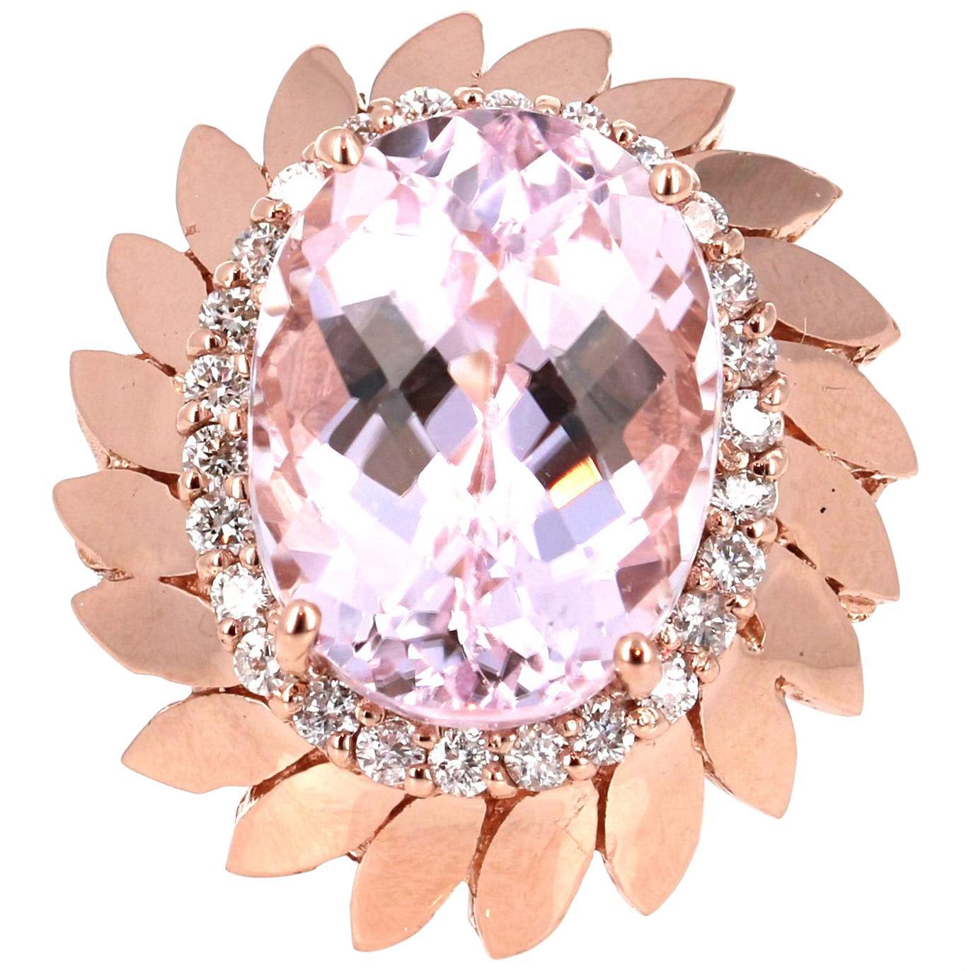 12.26 Carat Oval Cut Kunzite Diamond 14 Karat Rose Gold Cocktail Ring