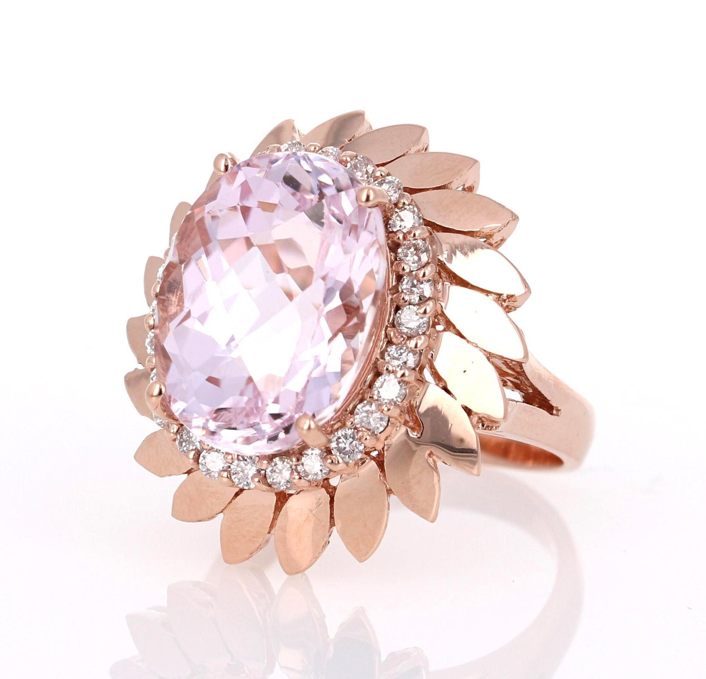 12.26 Carat Oval Cut Kunzite Diamond 14 Karat Rose Gold Cocktail Ring