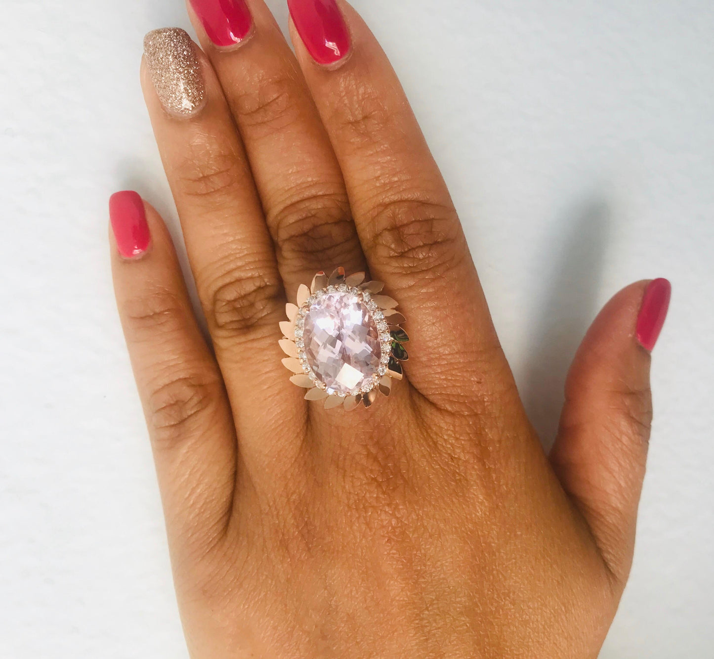 12.26 Carat Oval Cut Kunzite Diamond 14 Karat Rose Gold Cocktail Ring