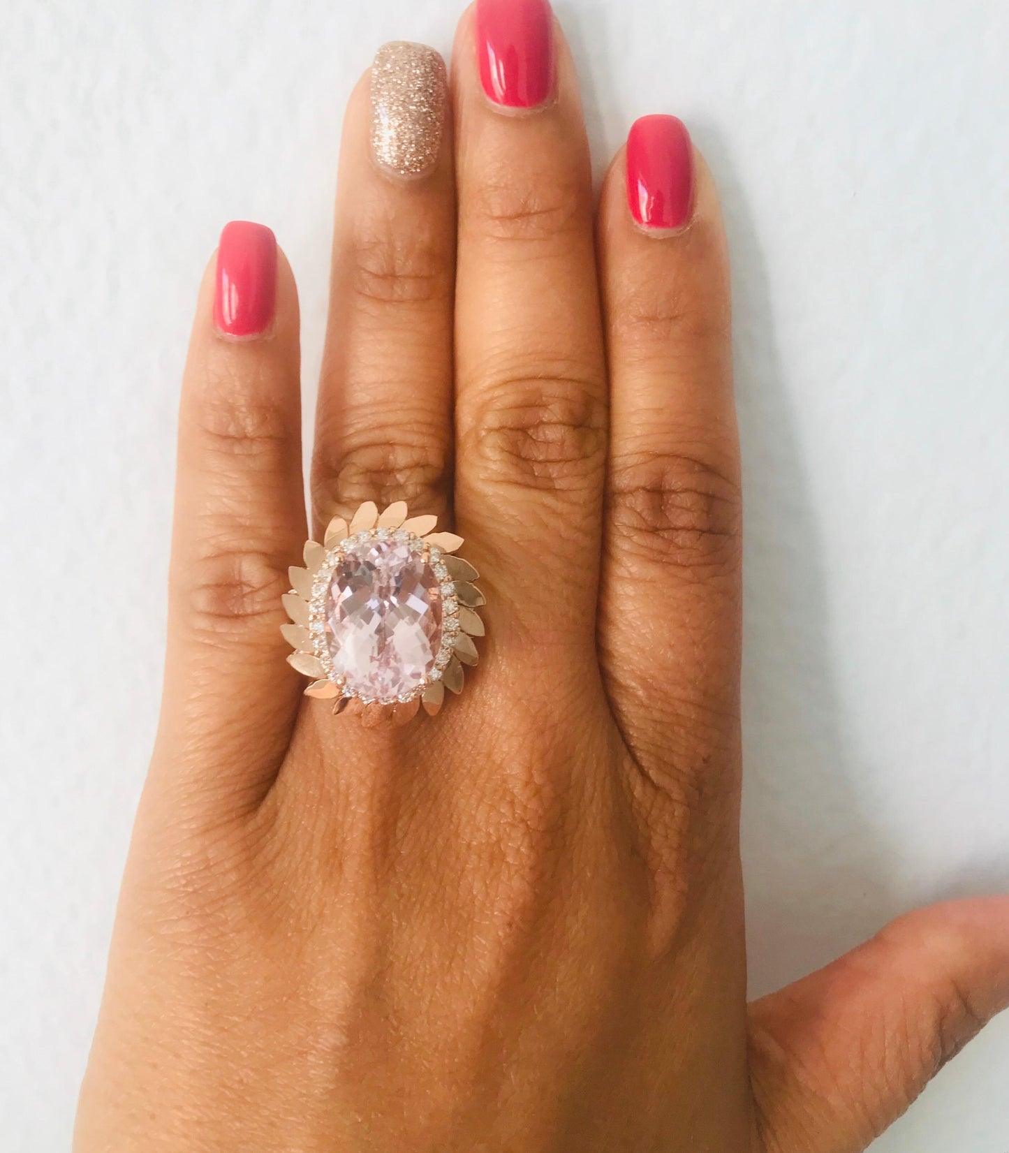 12.26 Carat Oval Cut Kunzite Diamond 14 Karat Rose Gold Cocktail Ring