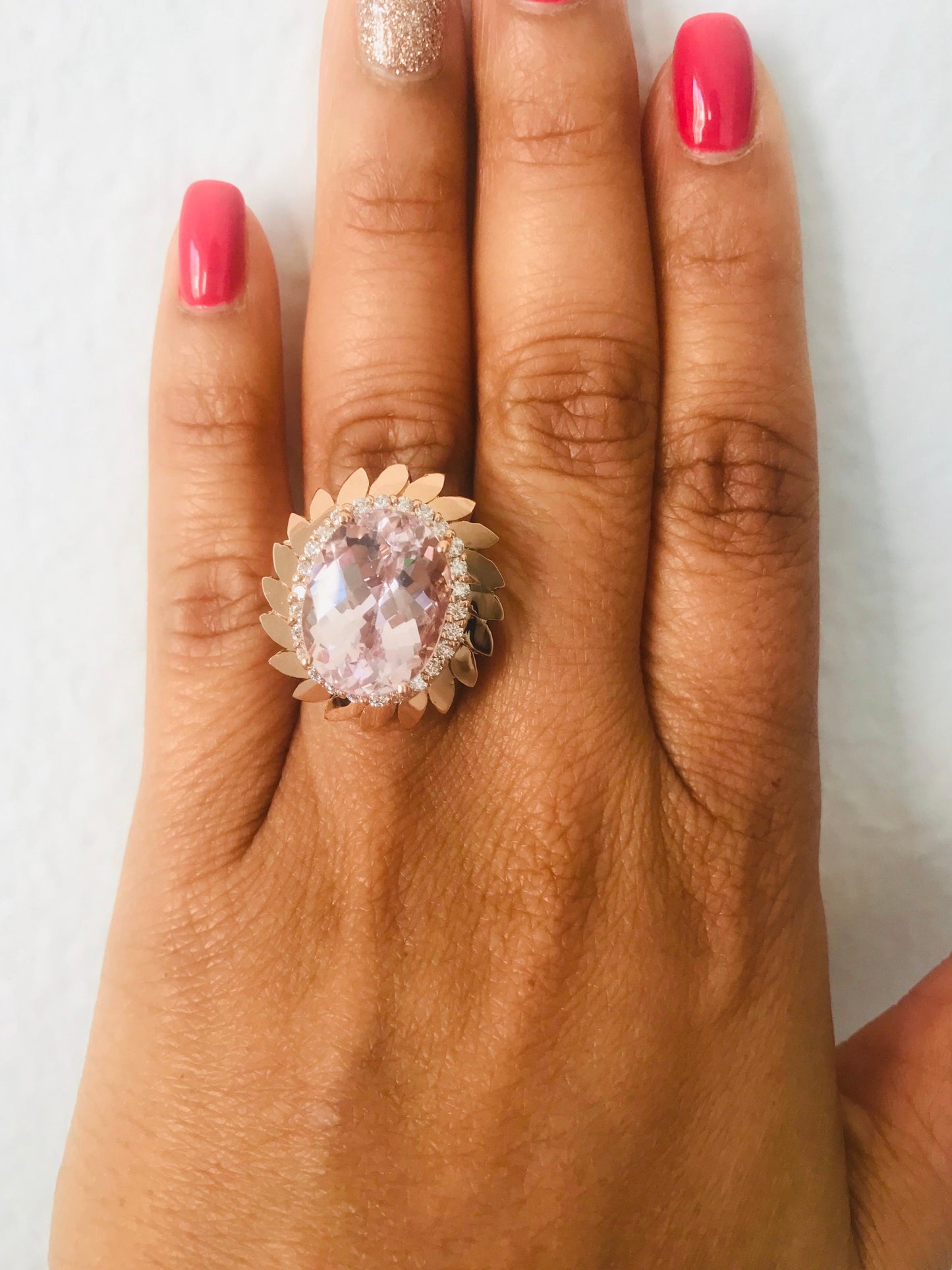 12.26 Carat Oval Cut Kunzite Diamond 14 Karat Rose Gold Cocktail Ring