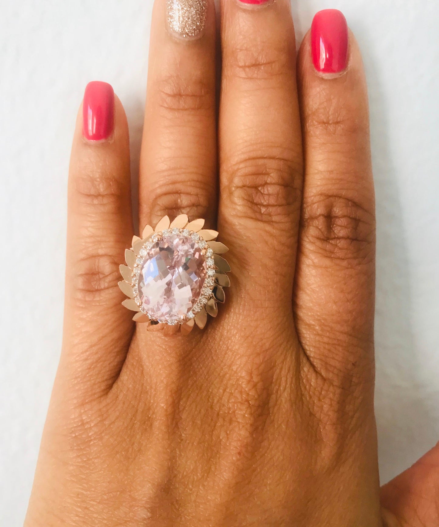 12.26 Carat Oval Cut Kunzite Diamond 14 Karat Rose Gold Cocktail Ring