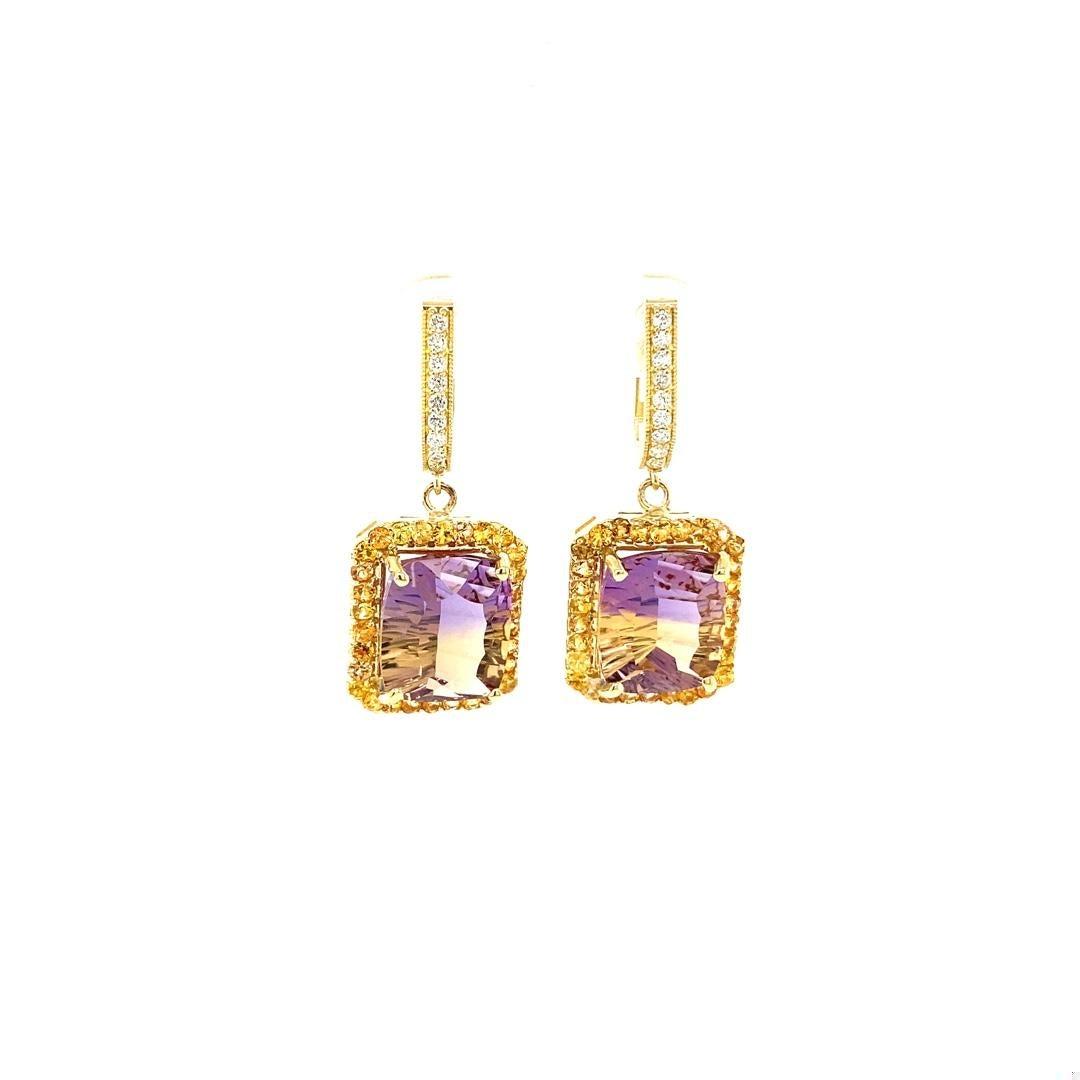 12.54 Carat Ametrine Sapphire Diamond Yellow Gold Drop Earrings