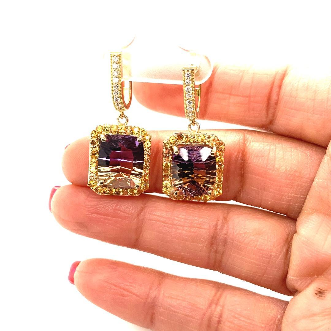 12.54 Carat Ametrine Sapphire Diamond Yellow Gold Drop Earrings