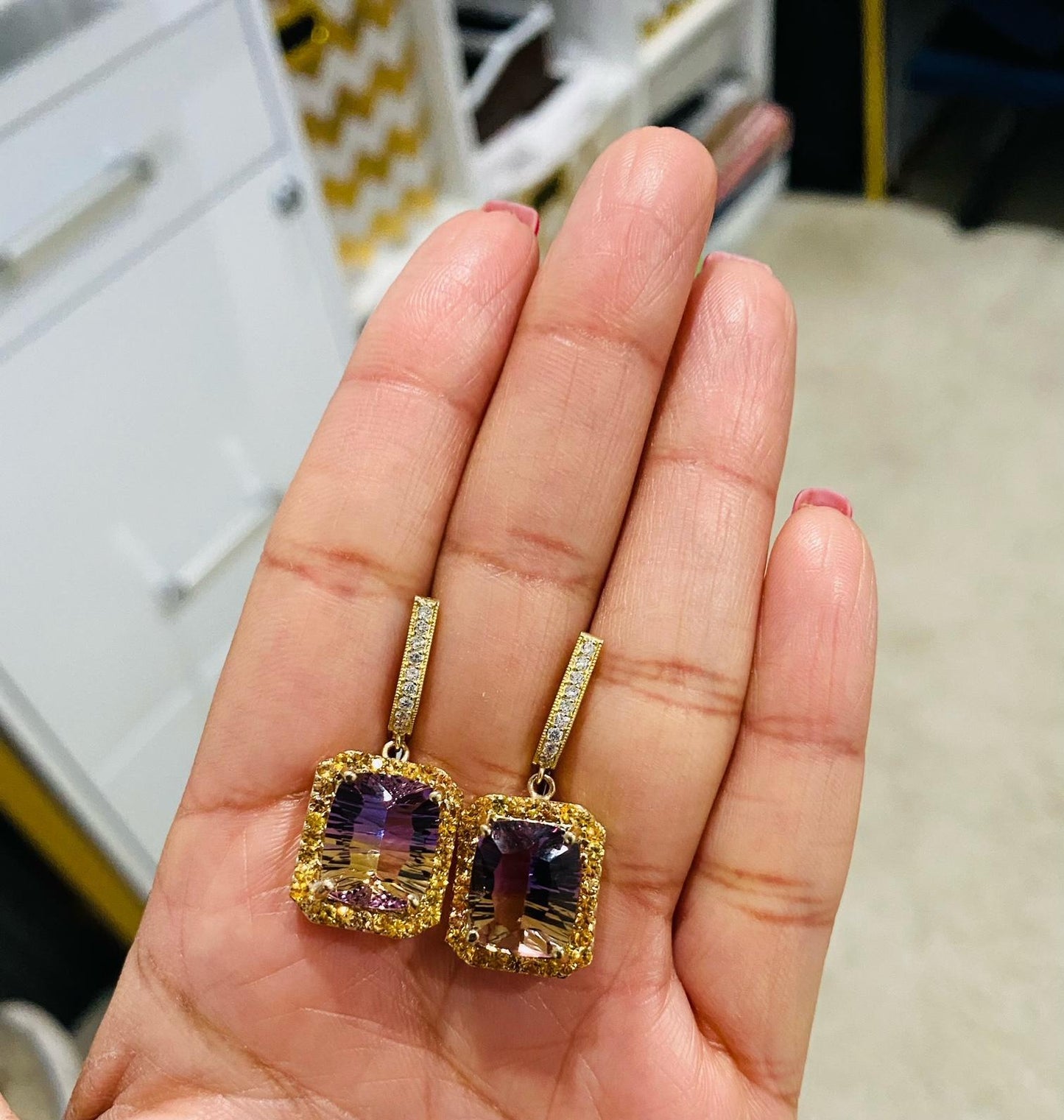 12.54 Carat Ametrine Sapphire Diamond Yellow Gold Drop Earrings