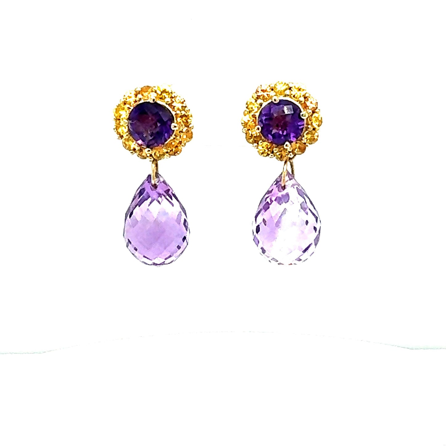 15.85 Carat Amethyst Sapphire Yellow Gold Drop Earrings