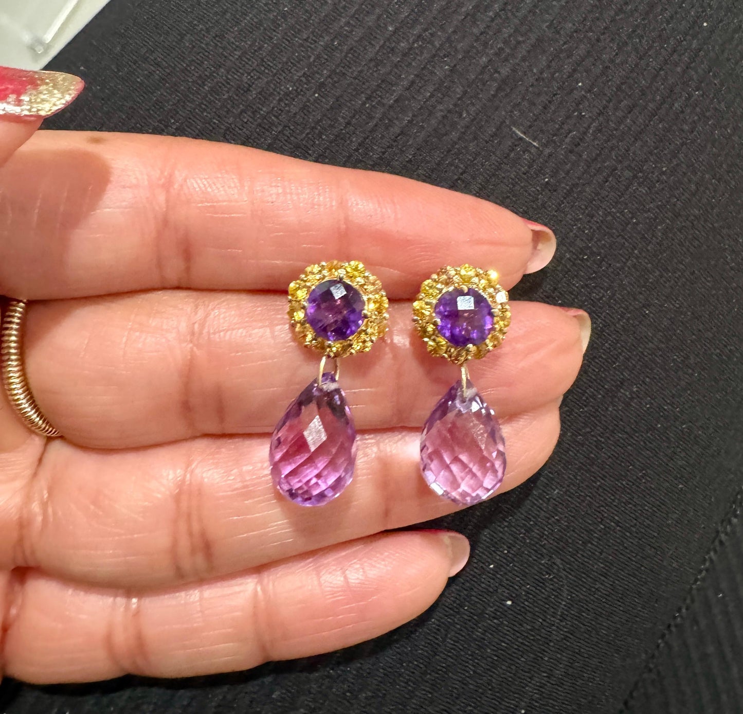 15.85 Carat Amethyst Sapphire Yellow Gold Drop Earrings