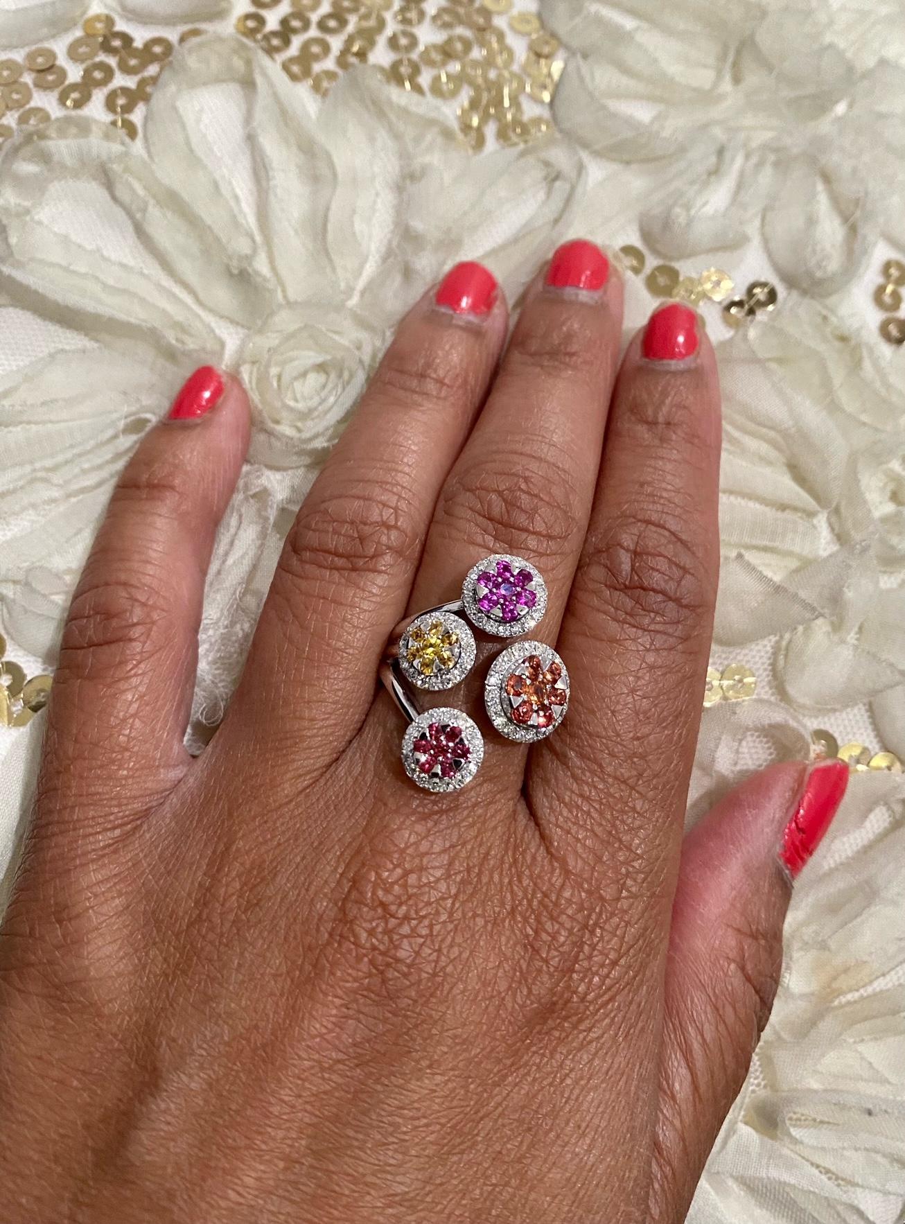 1.94 Carat Multi Color Sapphire Diamond White Gold Statement Ring