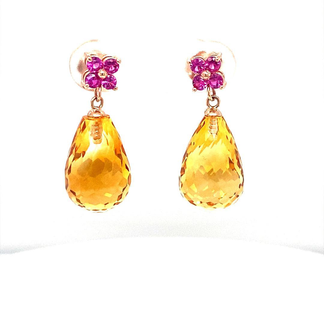 20.00 Citrine Pink Sapphire Rose Gold Drop Earrings