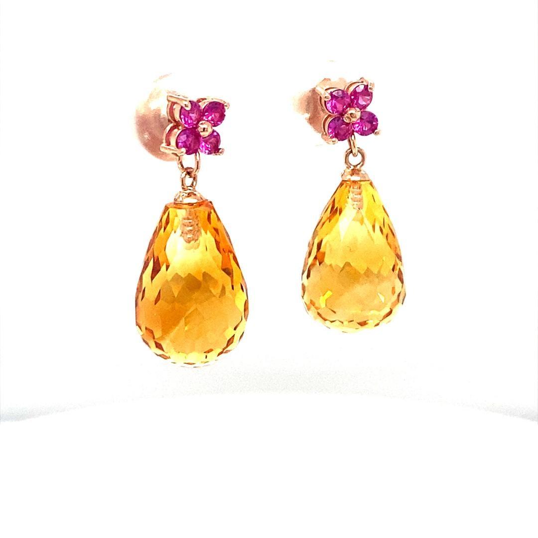 20.00 Citrine Pink Sapphire Rose Gold Drop Earrings