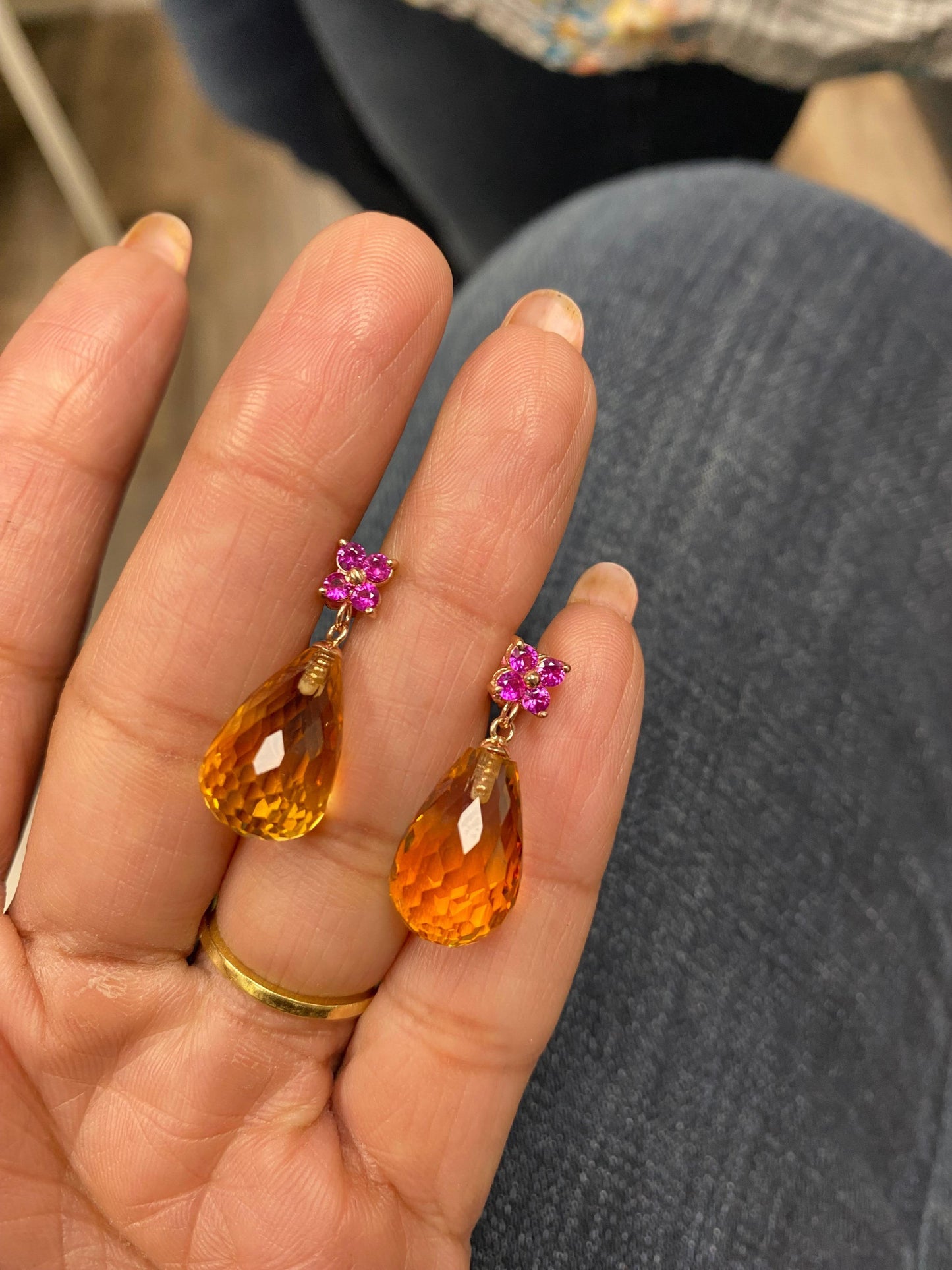 20.00 Citrine Pink Sapphire Rose Gold Drop Earrings