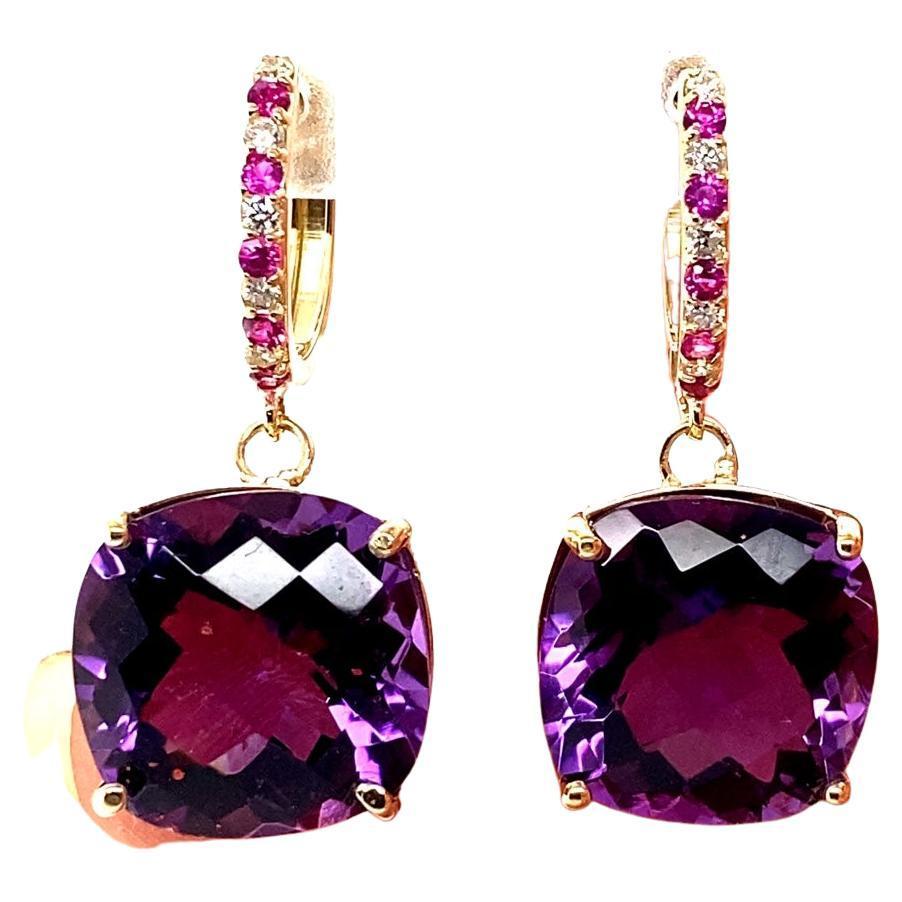 20.20 Carat Amethyst Sapphire and Diamond Yellow Gold Drop Earrings