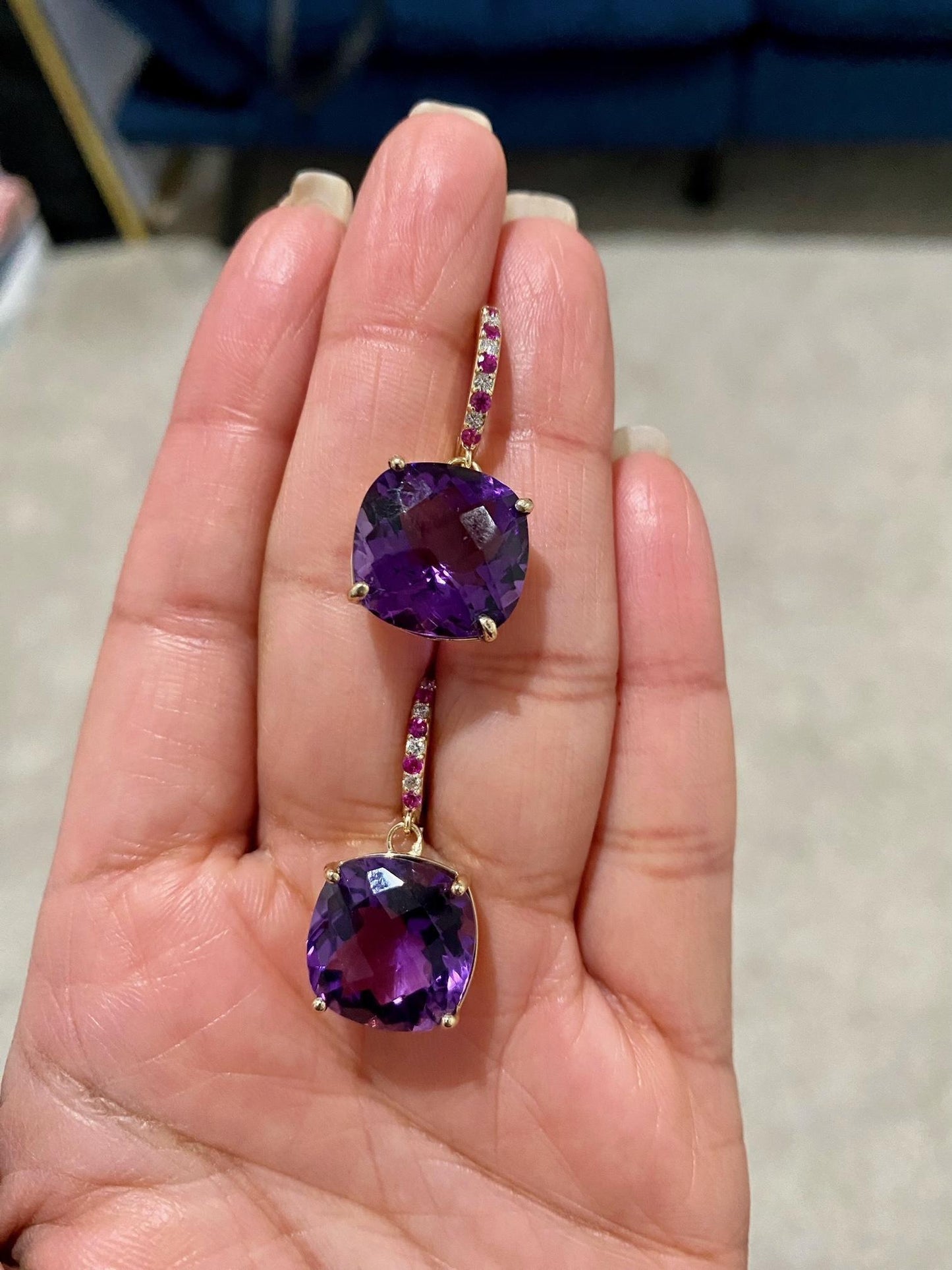 20.20 Carat Amethyst Sapphire and Diamond Yellow Gold Drop Earrings