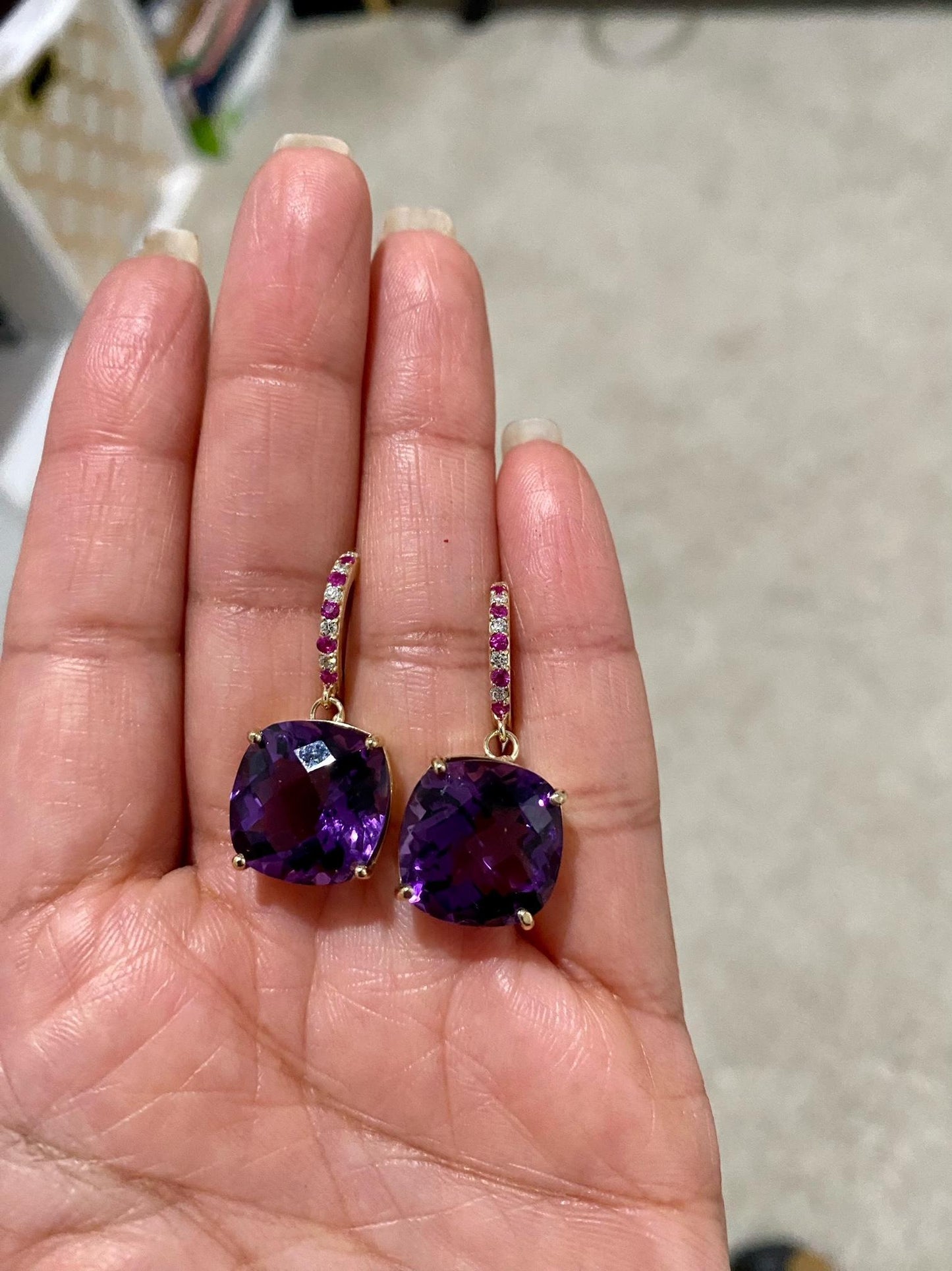20.20 Carat Amethyst Sapphire and Diamond Yellow Gold Drop Earrings