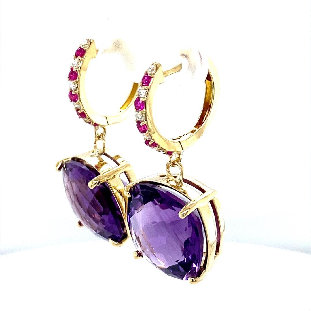 20.20 Carat Amethyst Sapphire and Diamond Yellow Gold Drop Earrings