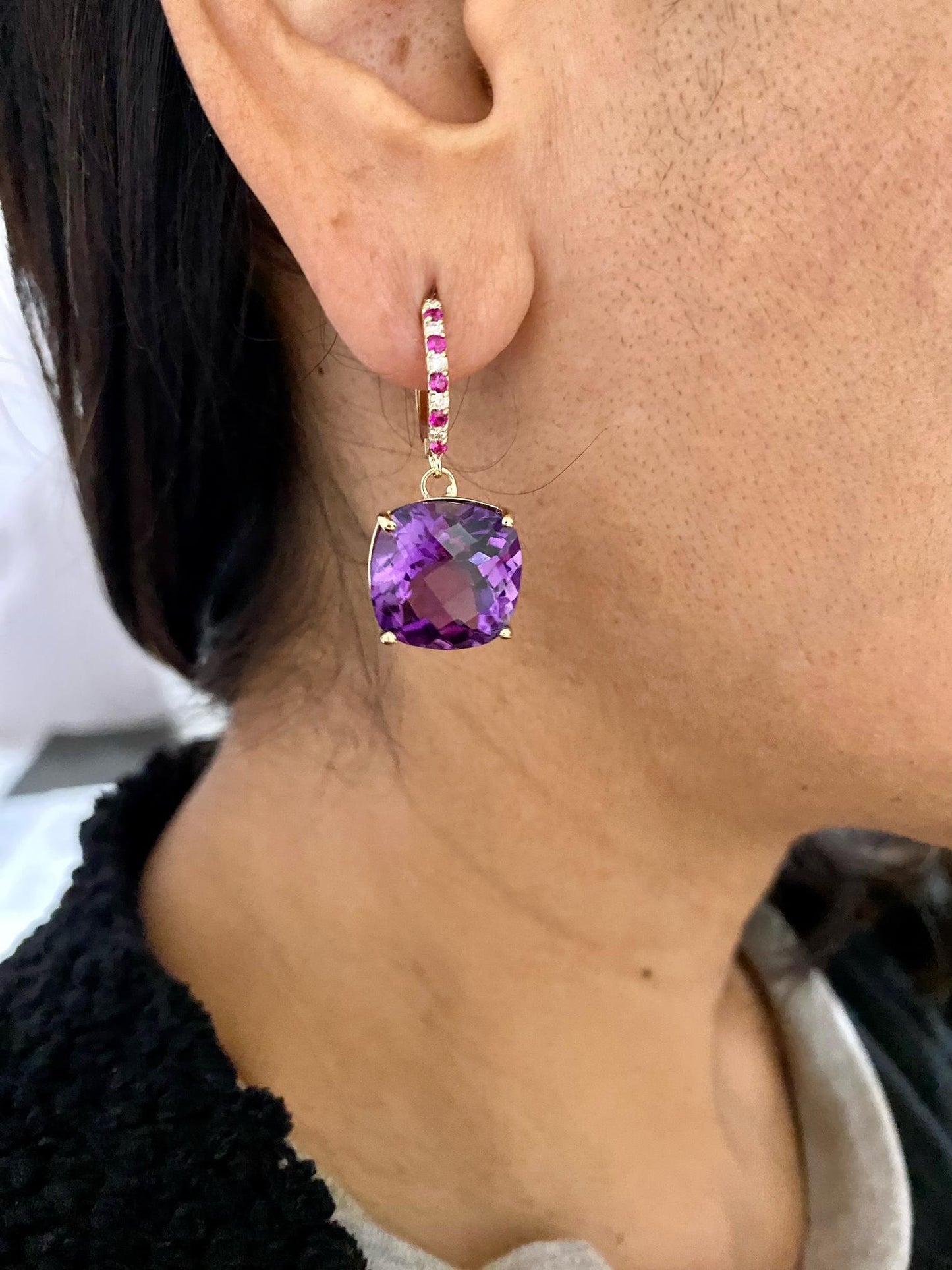 20.20 Carat Amethyst Sapphire and Diamond Yellow Gold Drop Earrings