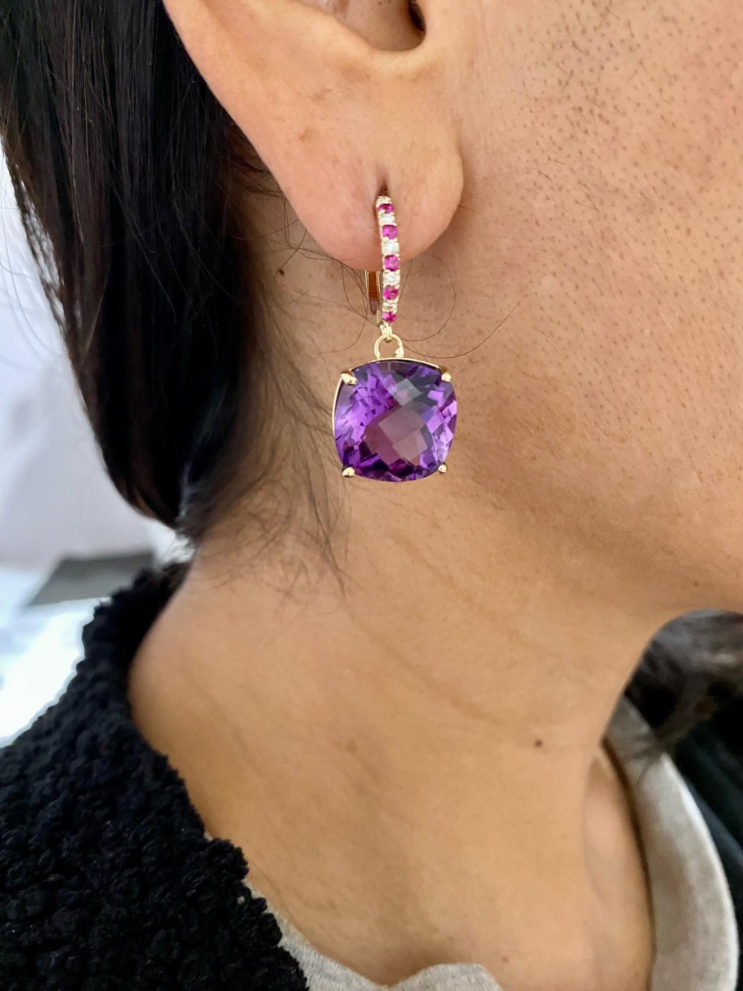 20.20 Carat Amethyst Sapphire and Diamond Yellow Gold Drop Earrings