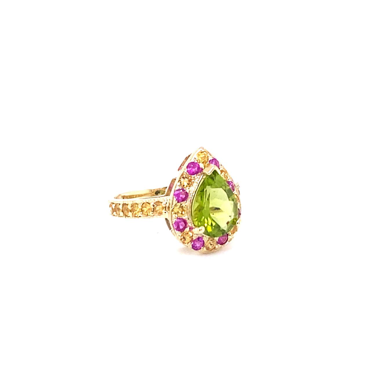 3.16 Ct Peridot, Pink Sapphire Yellow Sapphire 14K Yellow Gold Ring