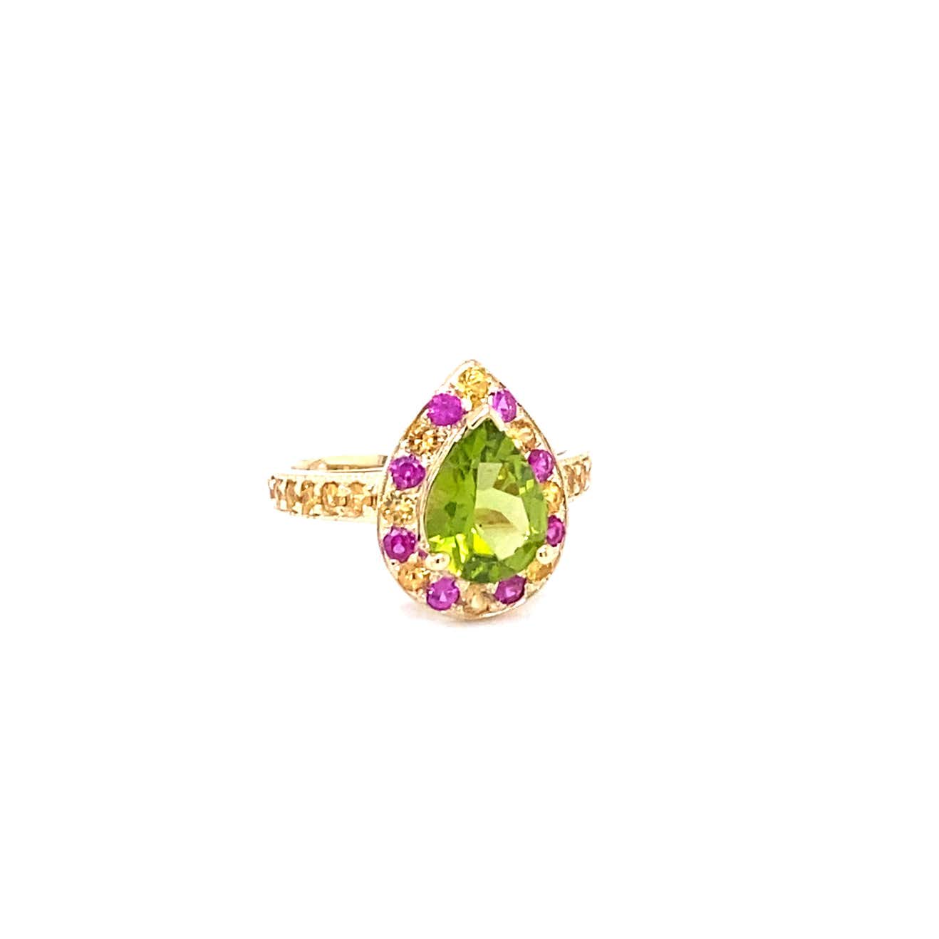 3.16 Ct Peridot, Pink Sapphire Yellow Sapphire 14K Yellow Gold Ring