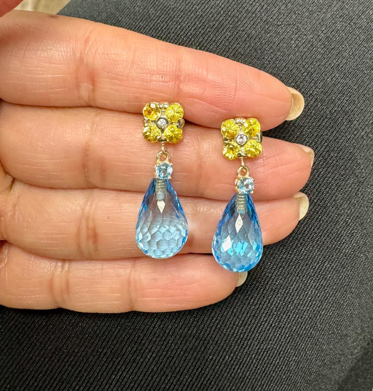 26.73 Carat Blue Topaz Yellow Sapphire Yellow Gold Drop Earrings