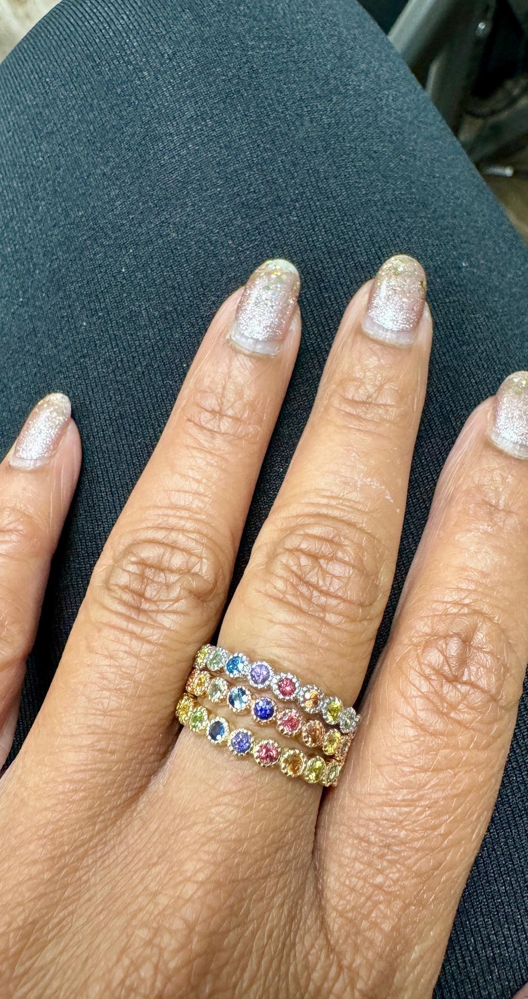 2.82 Carat Diamond and Multicolor Sapphire Stackable Gold Band Set