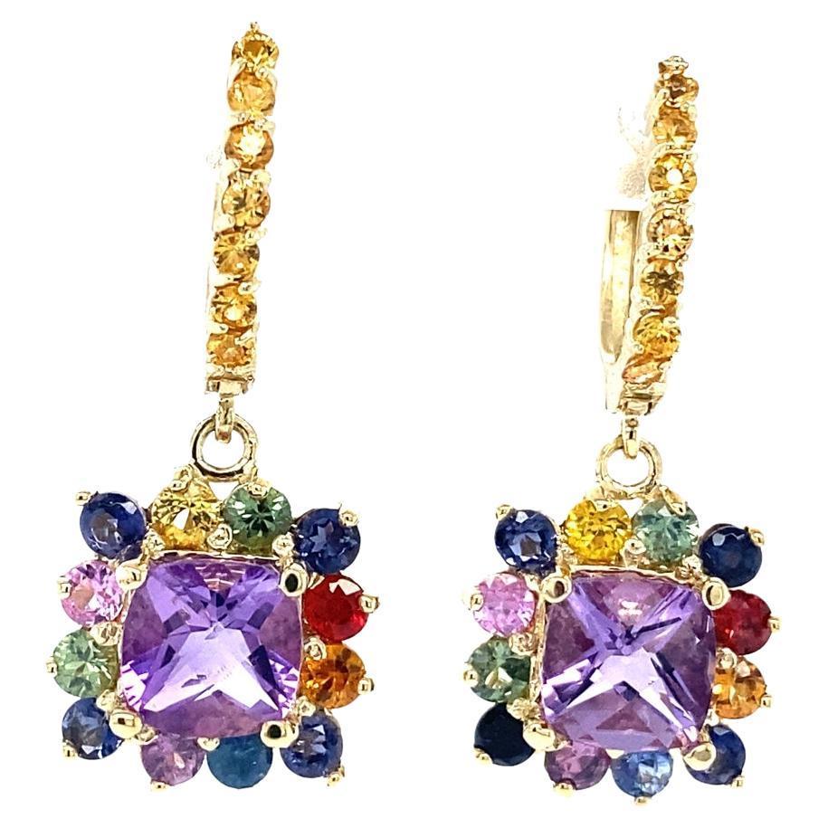 5.13 Carat Amethyst Multicolor Sapphire Drop Earrings