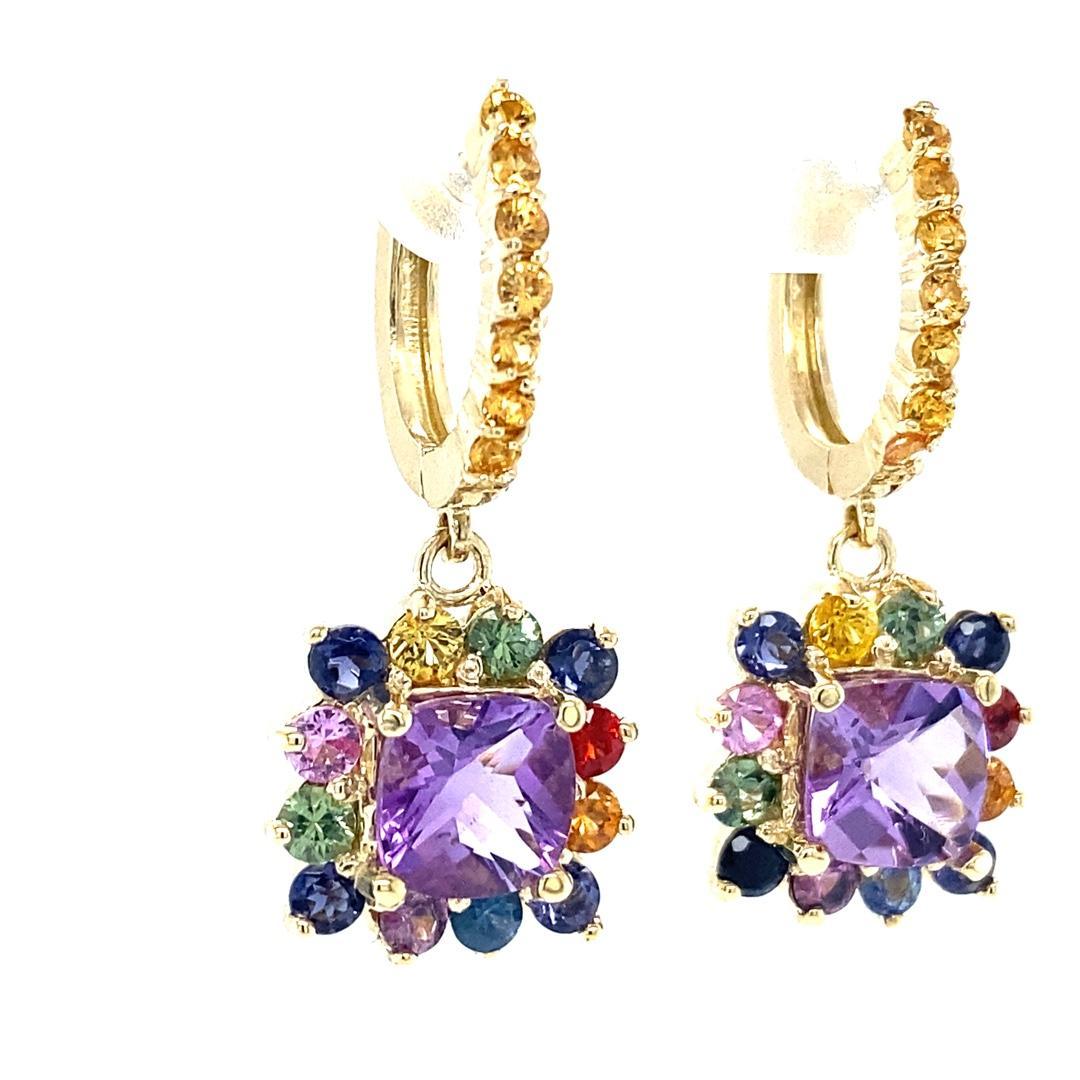 5.13 Carat Amethyst Multicolor Sapphire Drop Earrings
