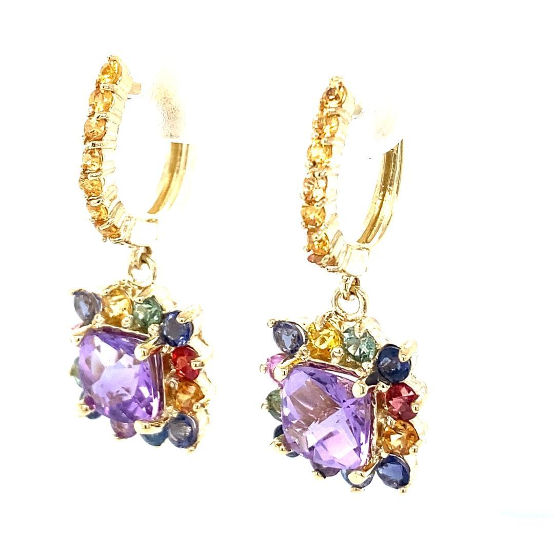 5.13 Carat Amethyst Multicolor Sapphire Drop Earrings