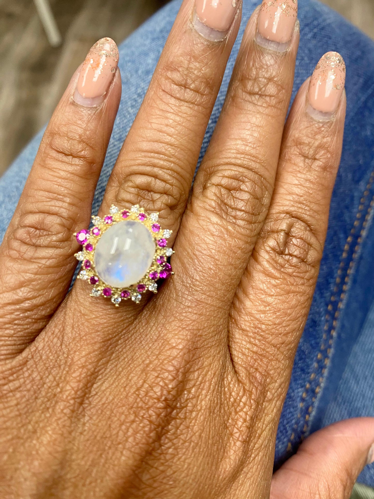 5.58 Carat Natural Moonstone Pink Sapphire Diamond Yellow Gold Cocktail Ring