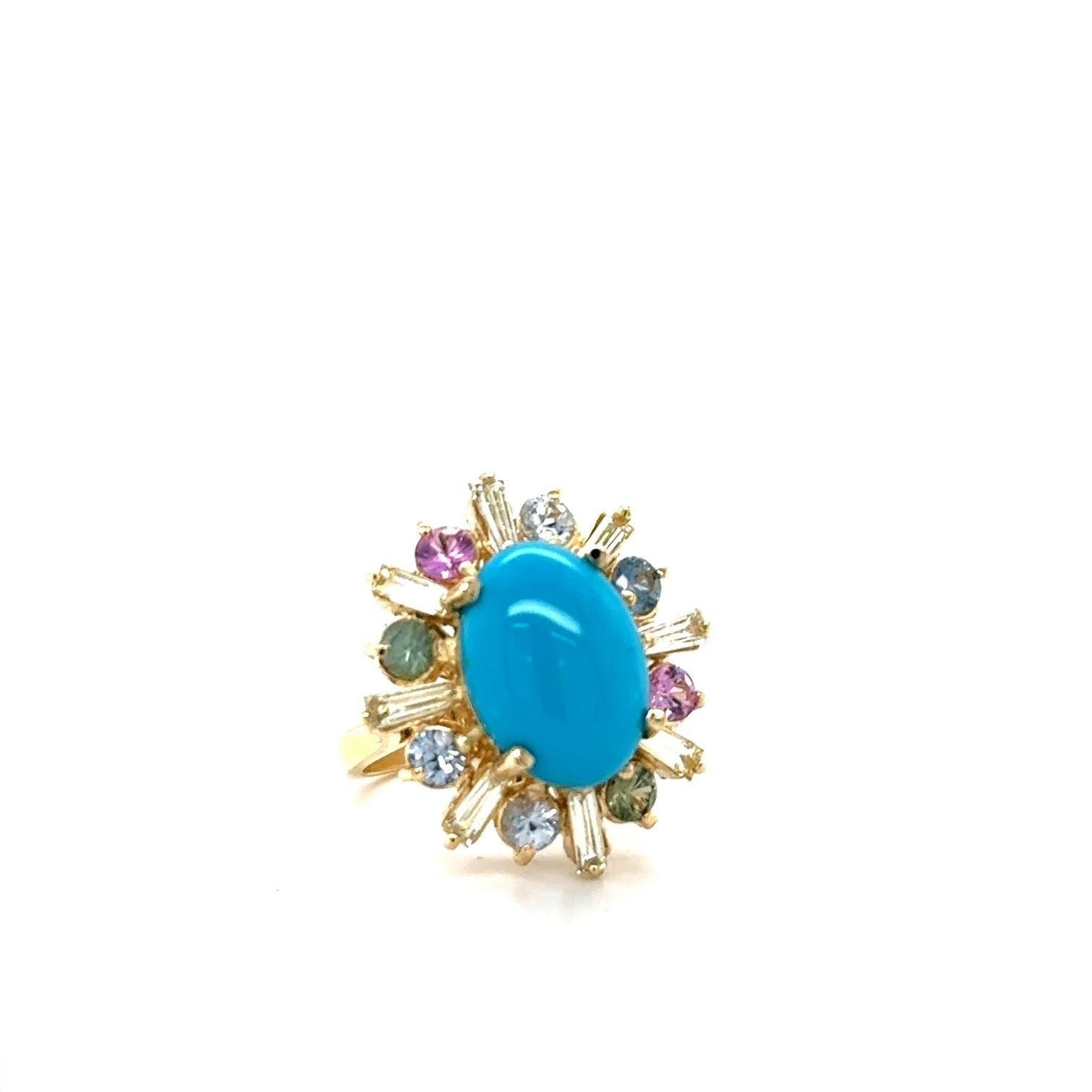 6.90 Carat Turquoise Diamond Sapphire Yellow Gold Cocktail Ring