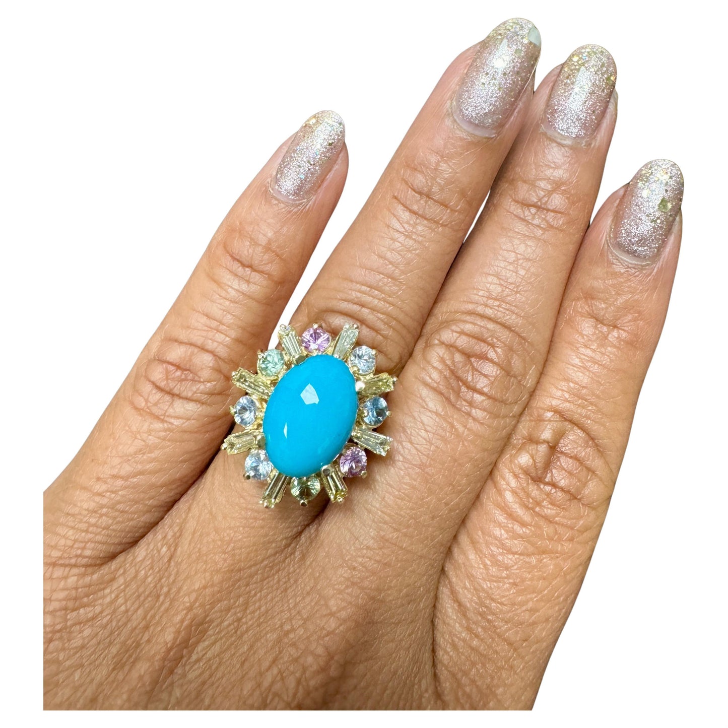 6.90 Carat Turquoise Diamond Sapphire Yellow Gold Cocktail Ring