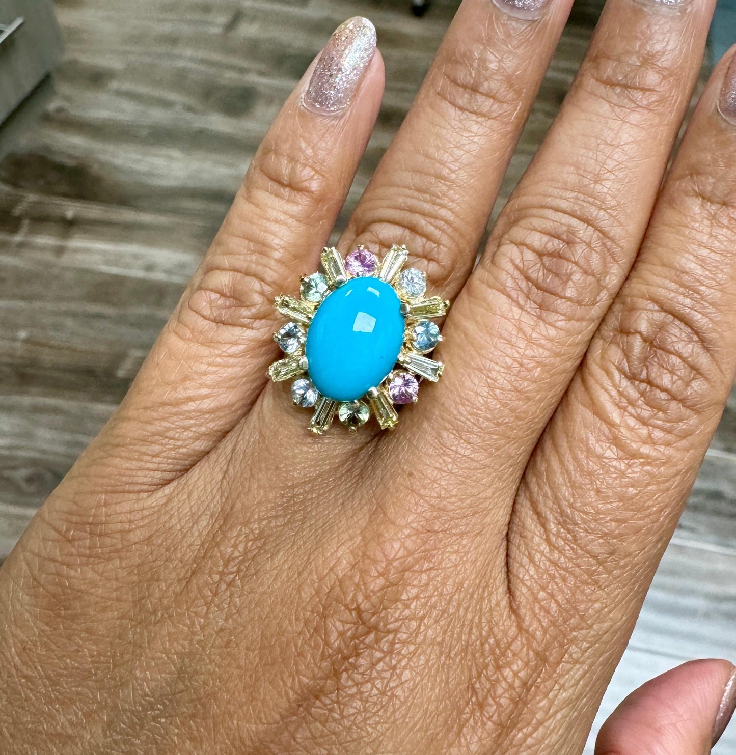 6.90 Carat Turquoise Diamond Sapphire Yellow Gold Cocktail Ring