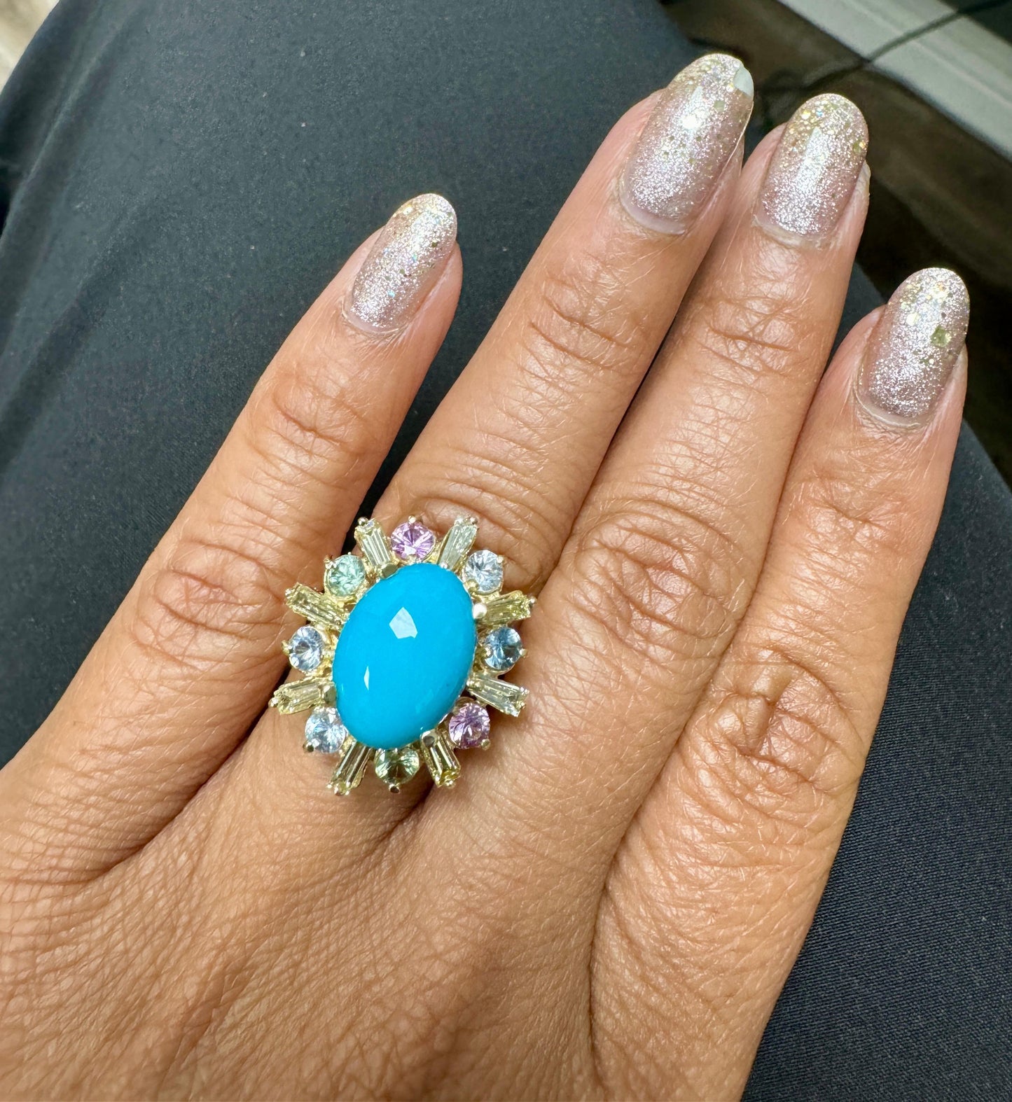 6.90 Carat Turquoise Diamond Sapphire Yellow Gold Cocktail Ring