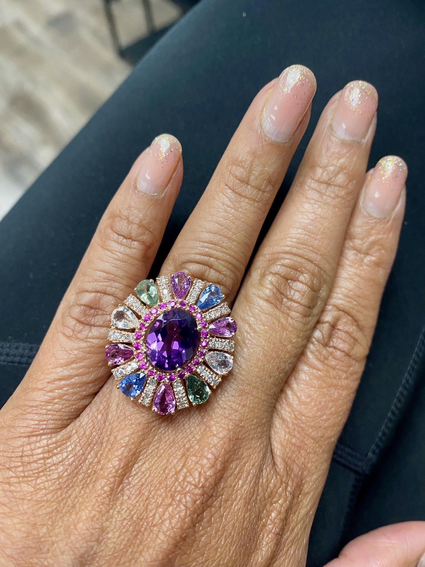 7.87 Carat Natural Amethyst Sapphire and Diamond Rose Gold Cocktail Ring