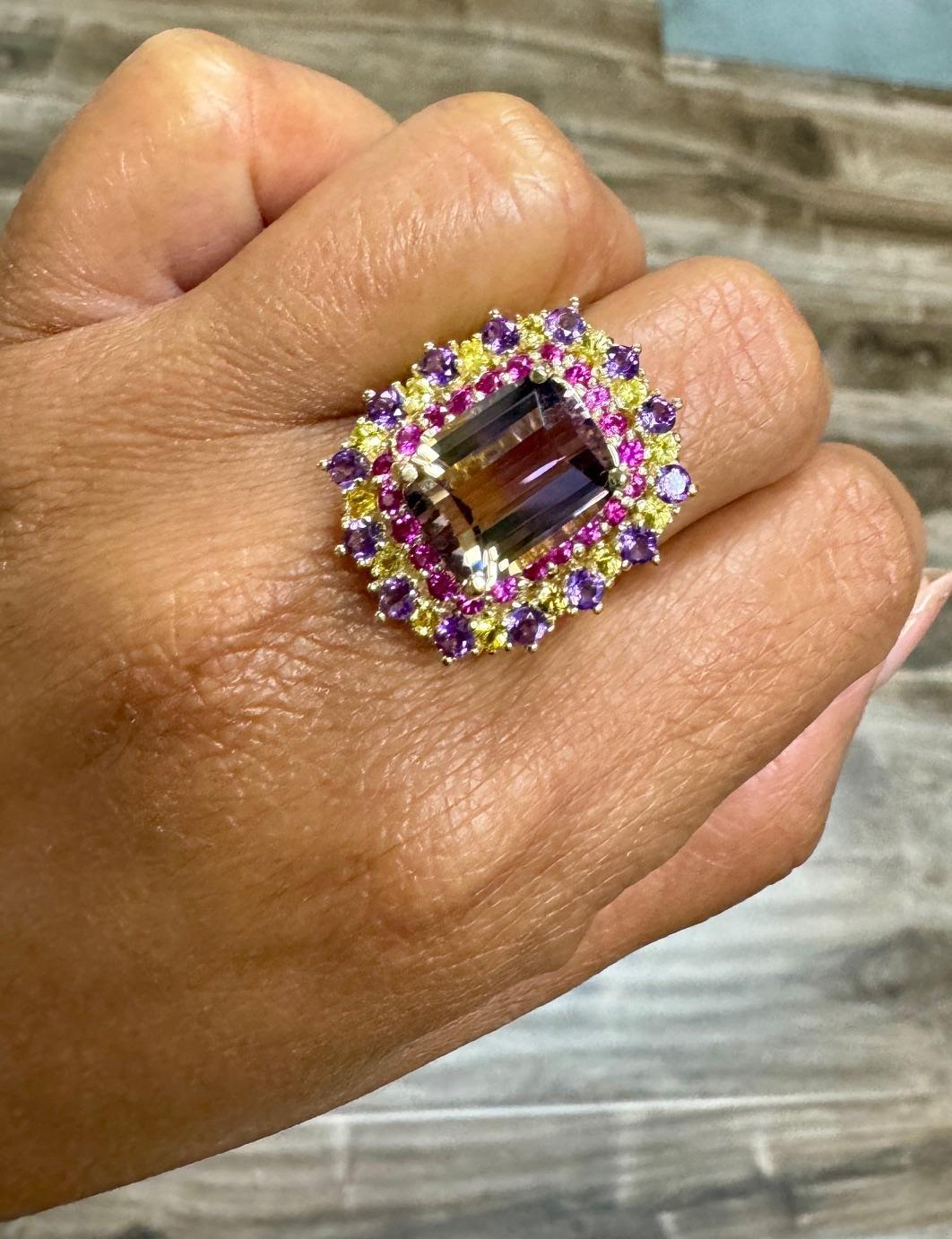 7.88 Carat Ametrine Sapphire Diamond Yellow Gold Cocktail Ring